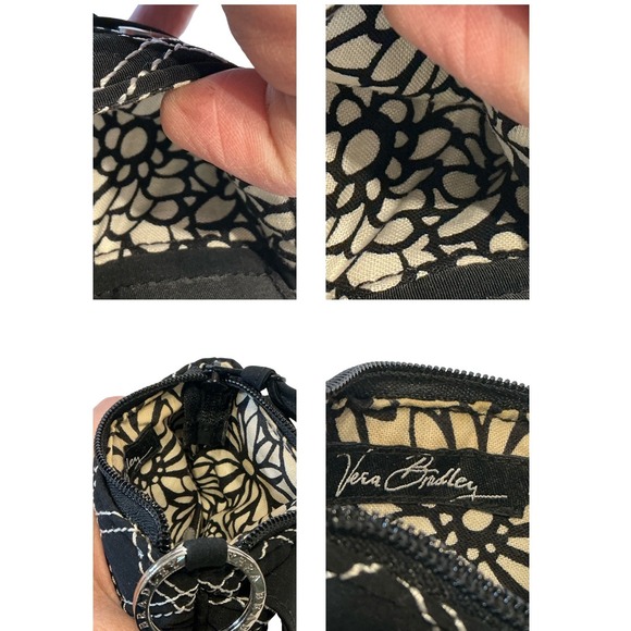 Vera Bradley Black Quilted Coin Purse Keychain Key Ring Wallet Small Pouch - Picture 7 of 11